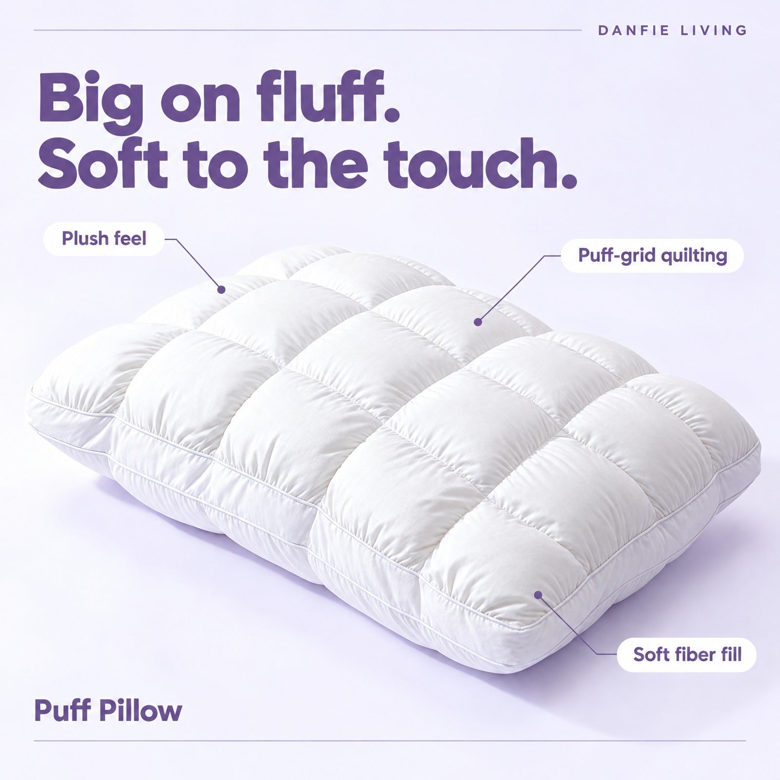 White Puff Pillow with plush feel, puff-grid quilting and soft fiber fill callouts
