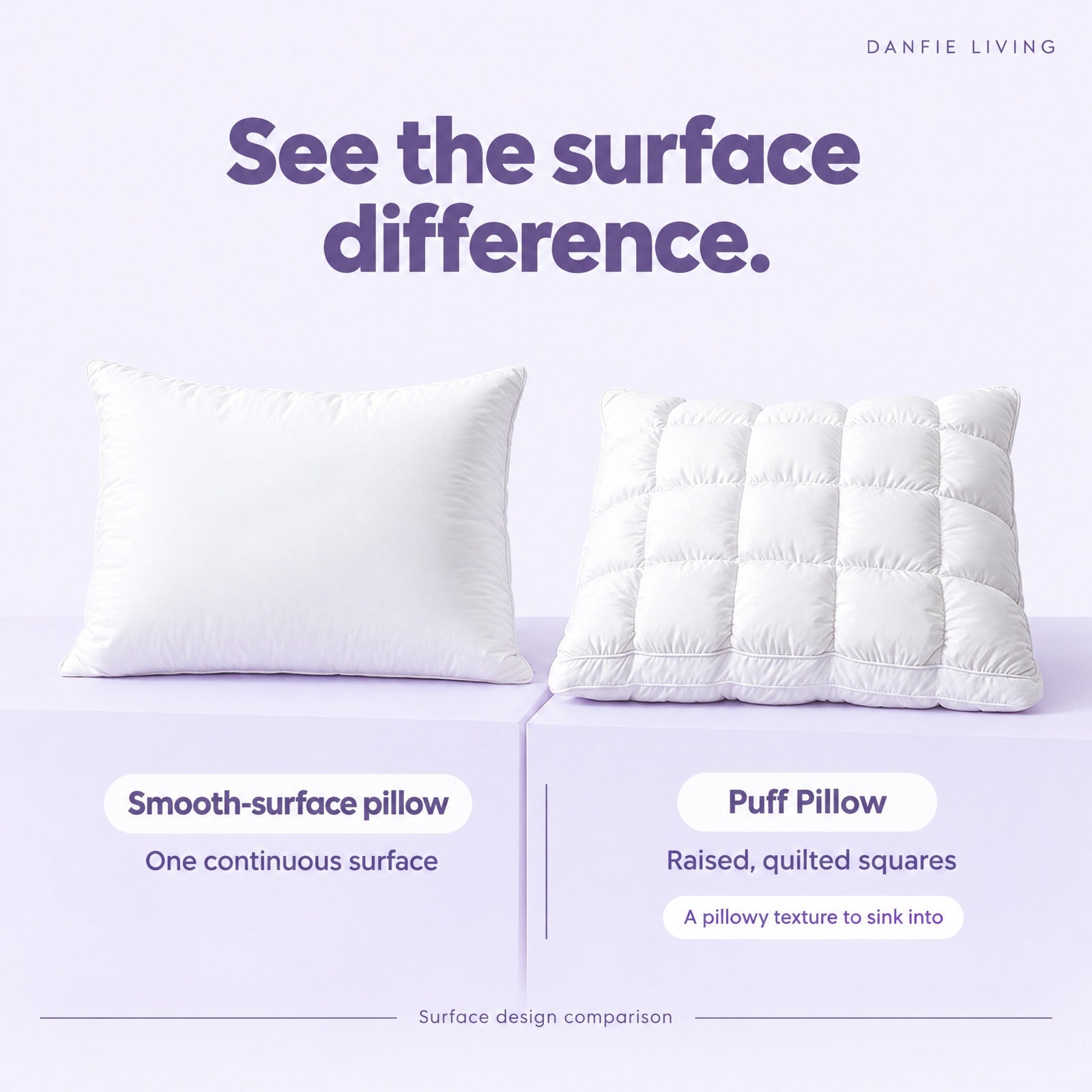 Smooth pillow surface compared with raised quilted squares
