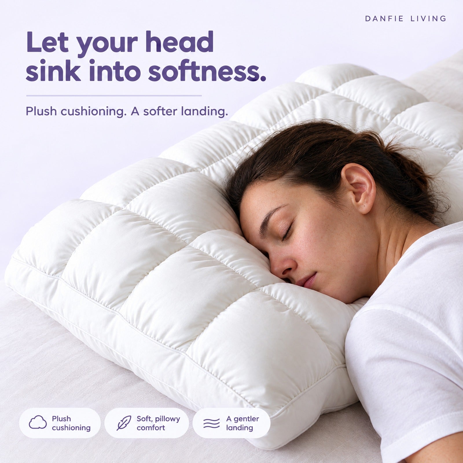 Side-lying sleeper with head gently sinking into plush Puff Pillow