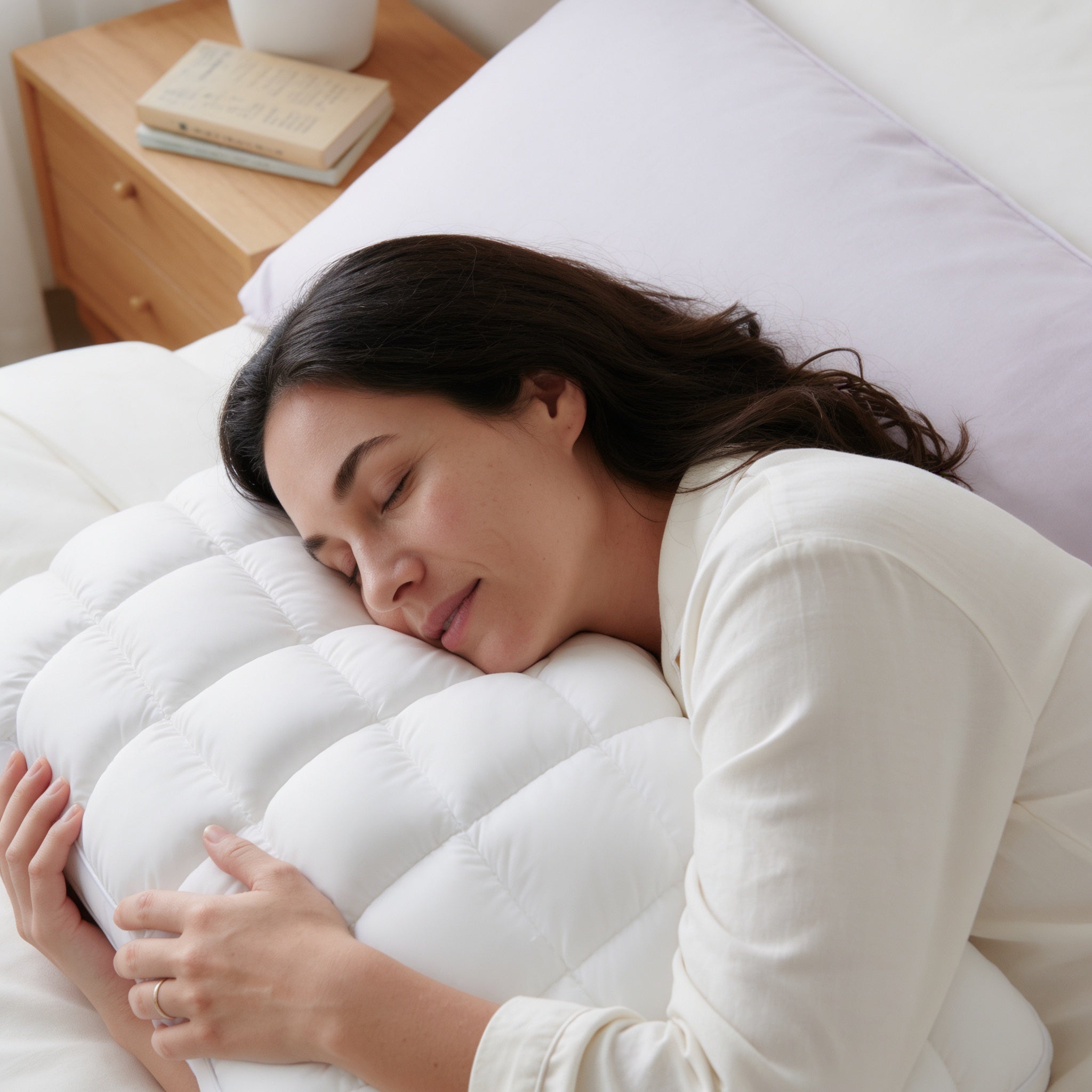 Candid close-up of a woman asleep with lips slightly parted, hugging a fluffy white Puff Pillow