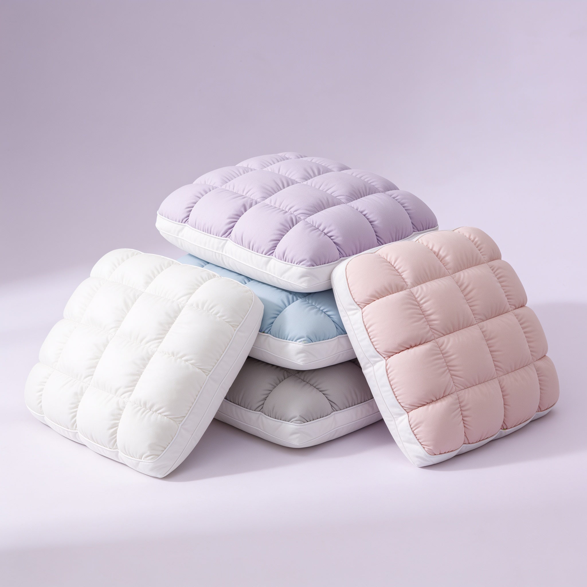 Five fluffy Puff Pillows stacked on pale lavender: White, Baby Blue, Gray, Pink and Lavender Purple